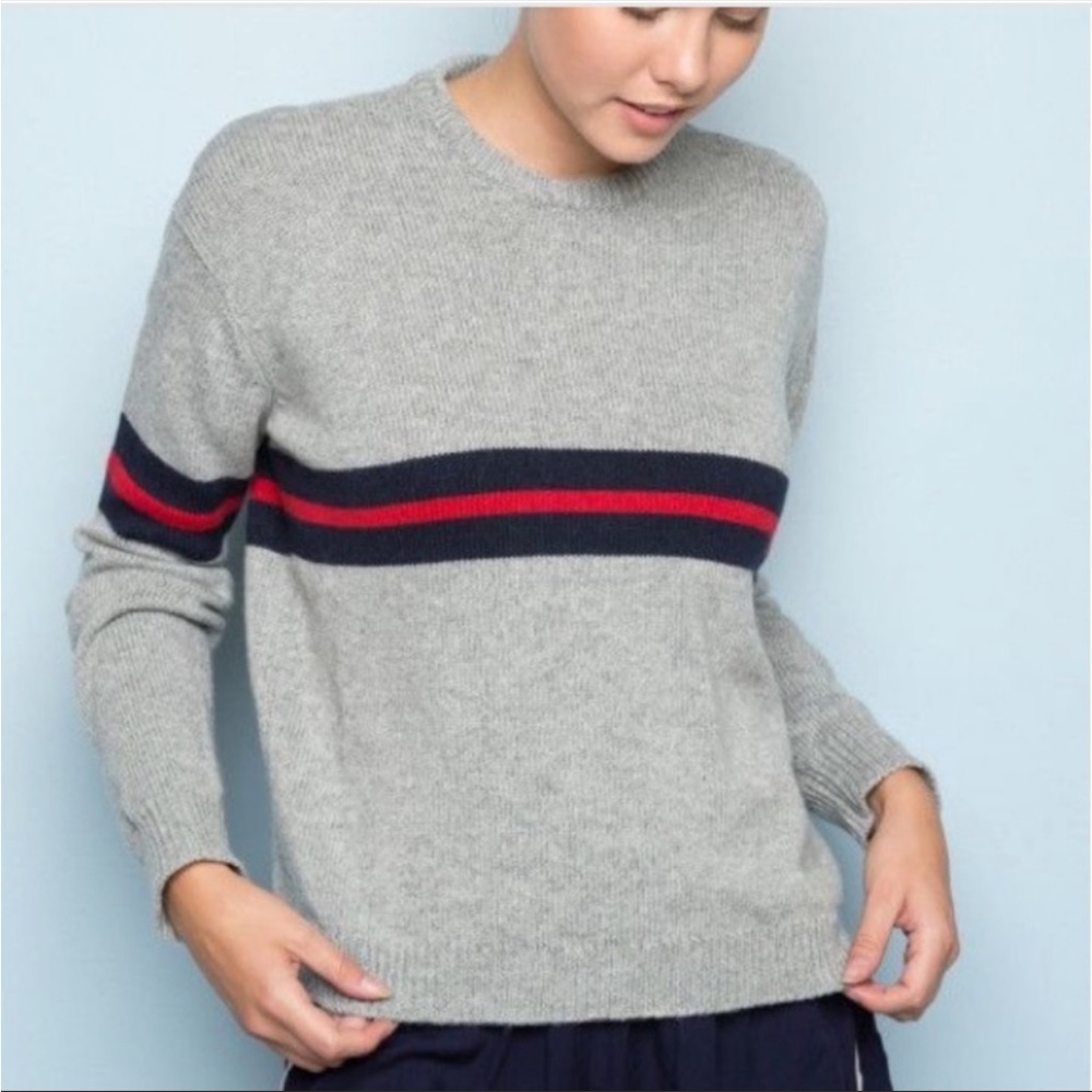 BRANDY MELVILLE Crew Neck Sweater Gray Blue Red Stripe Size OSFA S Small - Picture 2 of 12